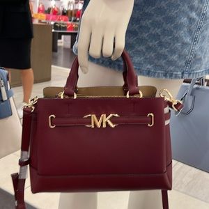 Michael Kors Reed Small Dark Cherry Leather Center Zip Belted Satchel Bag Purse